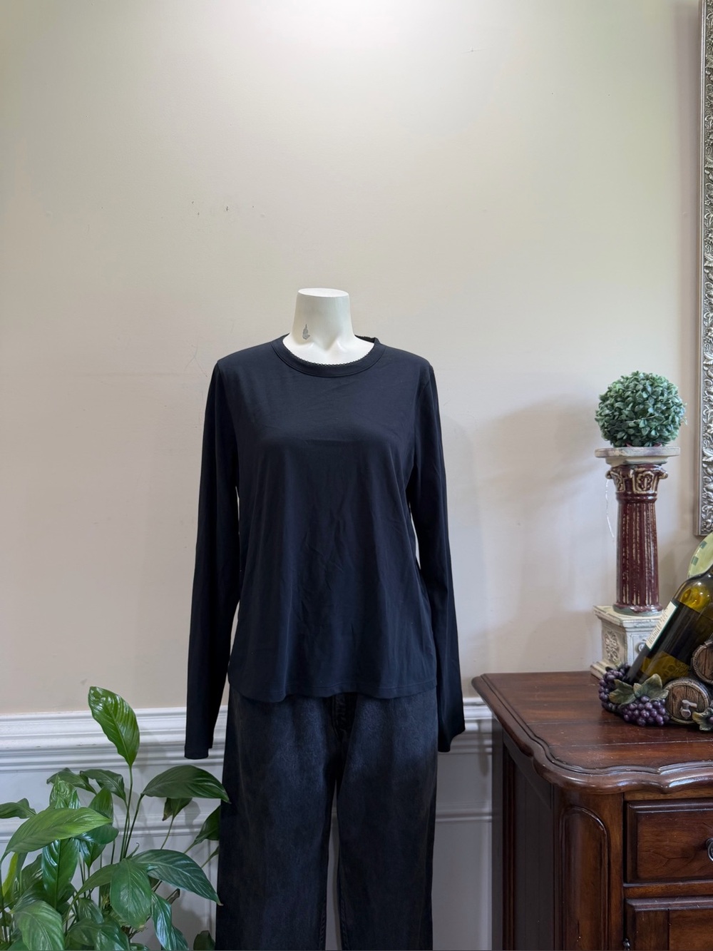 Rebecca Taylor Classic Black Long-Sleeve Crewneck Top